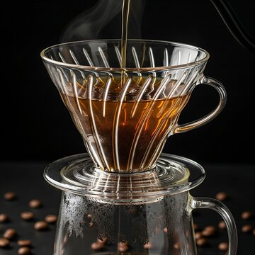 Pour-over coffee brewing with a transparent spiral glass dripper (no logos) over a clear mug. Macro shot of golden coffee liquid swirling through the glass ribs. Dark, moody background with coffee bea