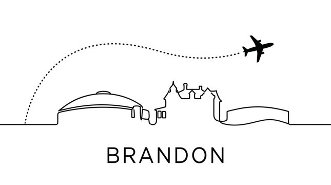 Brandon Manitoba city skyline and airplane travel vector illustration