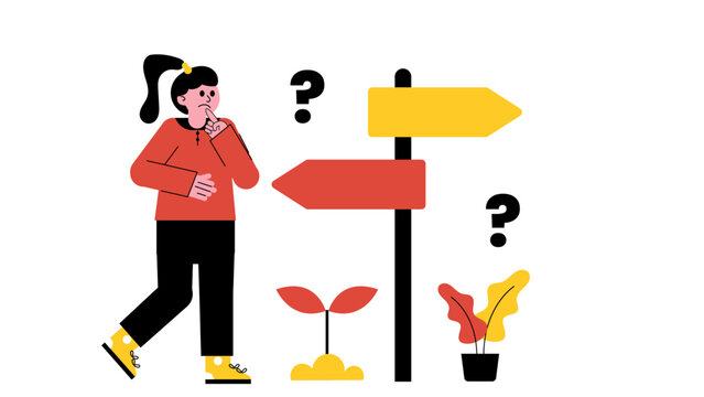 A woman thinking at a crossroads with signposts pointing in opposite directions