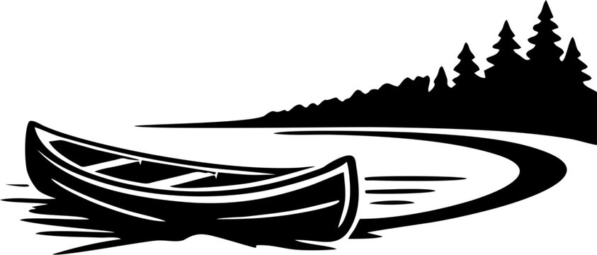 Minimal black and white logo of wooden canoe on curved shore by lake with pine forest silhouette vector icon