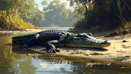 Large Crocodile Basking on Riverbank in Lush Tropical Wetland at Sunset