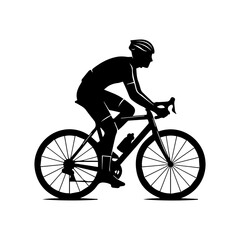 Black silhouette of a professional cyclist riding bicycle isolated on white background. 
