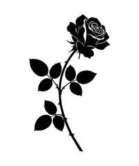 Black silhouette of a single rose flower isolated on white background. Elegant floral element.