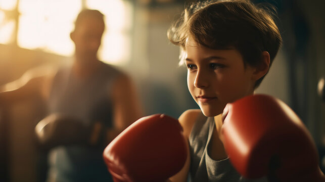 Young child wearing boxing gloves during training session with a coach in the background, representing guidance, discipline, mentorship, and youth development.
