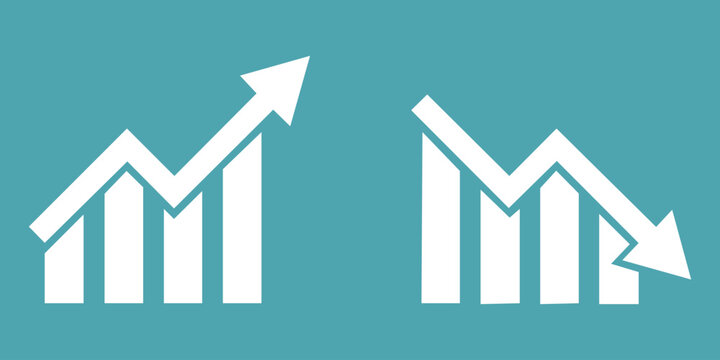 Graph going down and up sign with green and red arrows, vector illustration of bar chart symbols, depicting sales decrease and growth, ideal for business analytics, financial reports 