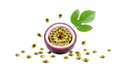Passion Fruit Half with Seeds and Leaf