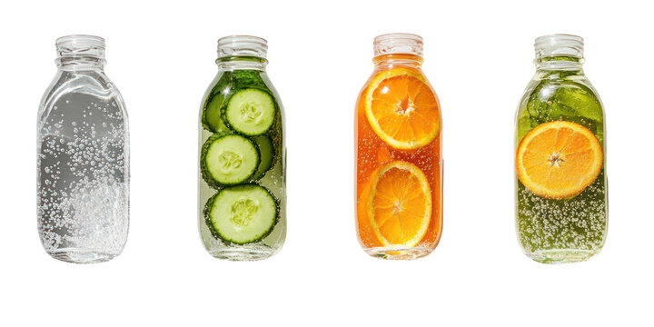 Fresh infused water bottles with fruits and vegetables on transparent background