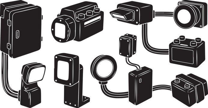 Collection of various camera flash units and attachments