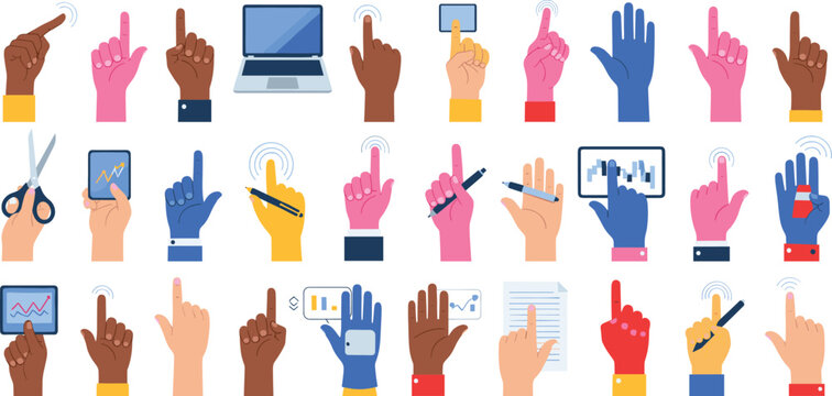 Hand Gesture Interaction Icon Set with Touch, Click, Swipe, Pointing, and Multicultural Hands Using Devices for UI, UX, and Technology Design Projects