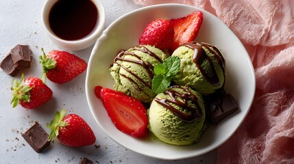 Premium matcha or avocado ice cream scoops with chocolate drizzle and fresh strawberries
