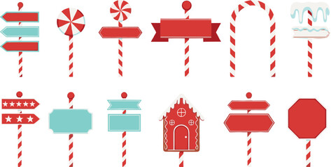 Christmas Candy Signpost Illustration Set with Peppermint Signs, Candy Cane Arches, Gingerbread House, and Festive Direction Boards for Holiday Designs © Minara