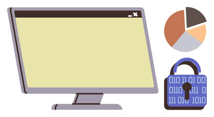 Cybersecurity, data visualization, online security, technology, digital privacy, encryption. A monitor, pie chart and binary-coded padlock. Cybersecurity and data visualization concept