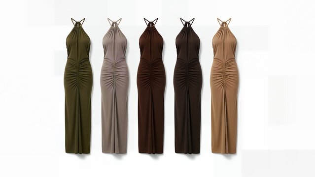 Collection of five elegant halterneck maxi dresses in various earthy and neutral tones, featuring ruched detailing for a sophisticated look, isolated on white.