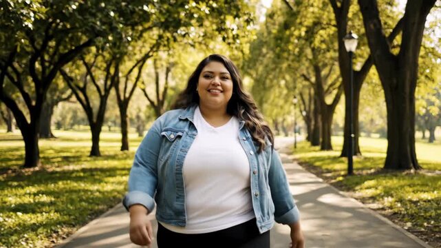 Happy plus size latina woman walking confidently in sunny green park