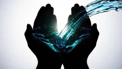 Silhouette of hands cupping cascading water, bright light shining through