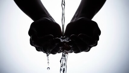 Silhouetted hands cupping water, streams flowing down into them, on a blurred background