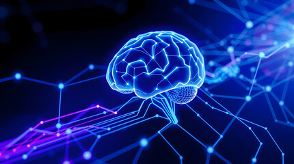 Conceptual representation of a glowing human brain connected to an abstract digital network, symbolizing artificial intelligence, machine learning, and advanced technology