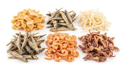 Six piles of various dried seafood products on a white background, overhead shot
