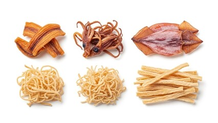 Six distinct dried seafood snacks, arranged on white background, showcasing various textures