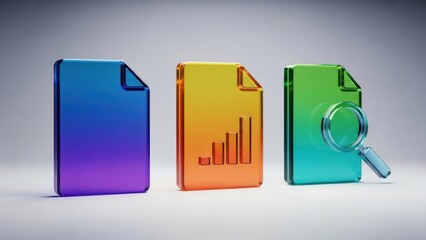 Three glossy file icons, colored blue, orange, and green, depicting info and analysis