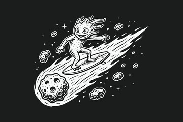 Cute Alien Surfing on a Flaming Asteroid in Space Retro Cartoon Illustration. © thetwelvesense