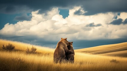 Two brown bears embrace in a sunlit field of tall grass under a dramatic, cloudy sky