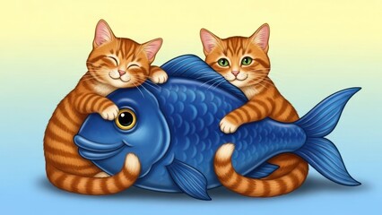 Two cartoon ginger kittens cuddle a large, happy blue fish against a pastel background