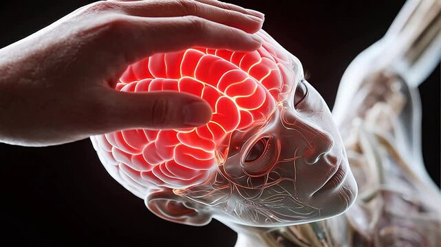 Human brain with hand on head