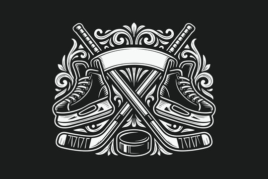 Vintage Ice Hockey Emblem with Crossed Sticks, Skates, and Decorative Banner