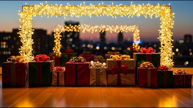 Decorated gift boxes with golden string lights festive evening scene