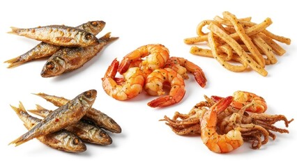 Variety of cooked seafood arranged on white background, including fish, shrimp, and fried items