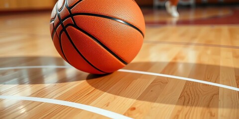 Close-up of basketball on hardwood court, game strategy lines drawn, arrow, triangle