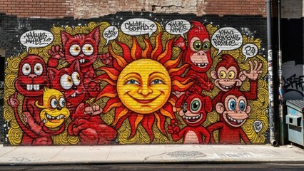 Vivid mural on a brick wall featuring cartoon animals and a sun with speech bubbles