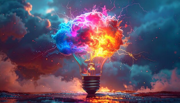 Vibrant colorful lightbulb exploding with creative energy amidst stormy clouds and water, conveying a dynamic and imaginative mood.