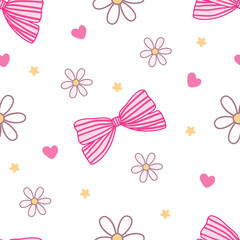 Striped Pink Bow with Stars and Hearts Seamless Pattern, Girly Vector 