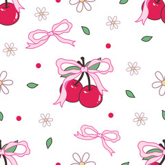 Cute Cherry and Pink Bow Ribbon seamless pattern 