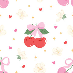 Aesthetic Cherry with Pink Ribbon Bow Seamless Pattern, Floral Vector
