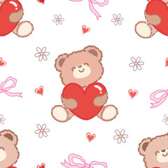 Cute Teddy Bear Holding Heart Seamless Pattern, Kawaii style