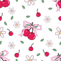 Cute Cherry and Daisy Seamless Pattern with Pink Ribbon
