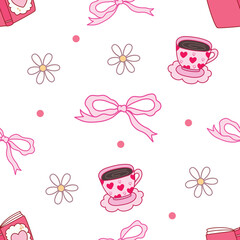 Pink Coffee Cup and Ribbon Bow Seamless Pattern, Girly Cafe Vector