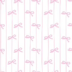 Cute Coquette Style Pink Ribbon Bows with Vertical Lines, Aesthetic Vector Pattern