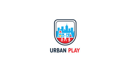 Urban Play Logo Design with City Skyline.