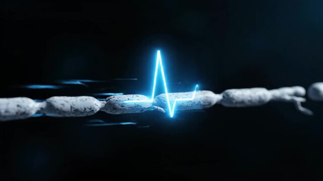 Visualization of a neural impulse traveling along a nerve cell, depicted as a glowing blue heartbeat line. Represents brain activity, communication, and neurological processes.