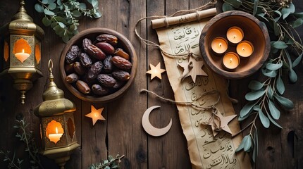 Rustic Ramadan Still Life with Dates, Lanterns, Candles and Arabic Calligraphy (2)