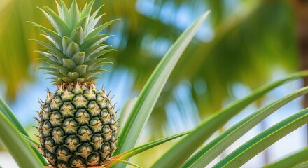 Pineapple on Plant Leaves.