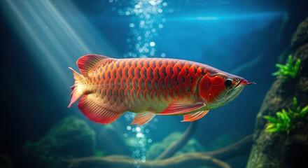 Arowana Fish Swimming Underwater.