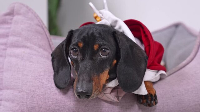 A black and tan dachshund in a red and white suit with sad and pitiful eyes lies relaxed indoors on his soft bed.
