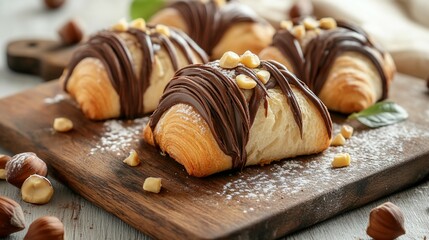Delicious chocolate croissants with hazelnuts on a rustic wooden board creating an appealing culinary scene