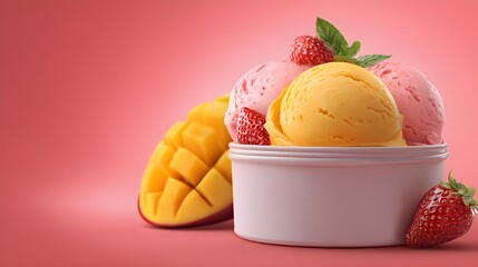 Mango and strawberry ice cream scoops in a white bowl