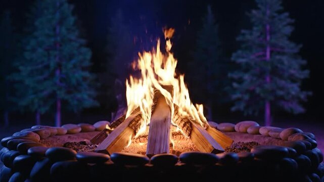 A roaring campfire glows amidst dark pine trees, framed by smooth stones